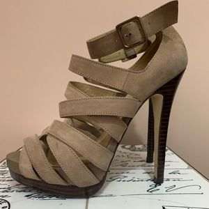 ALDO STRAPPY HEELS Tan Nude Suede Leather Size 6